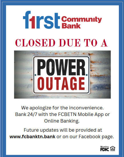 "FCB closed due to a Power Outage" graphic